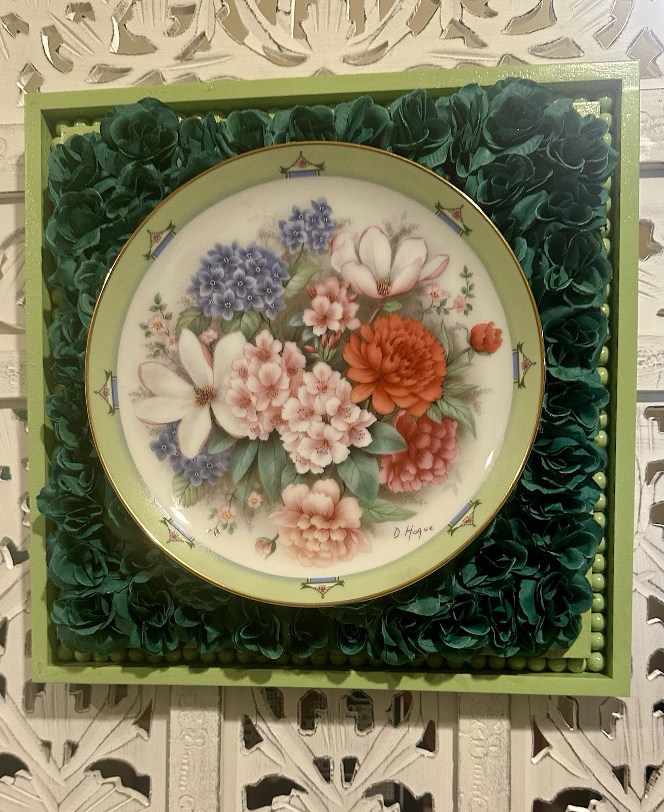 Upcycled Danbury Mint Plate 3D Wall Decor – Floral Roses Beaded Frame (12″)