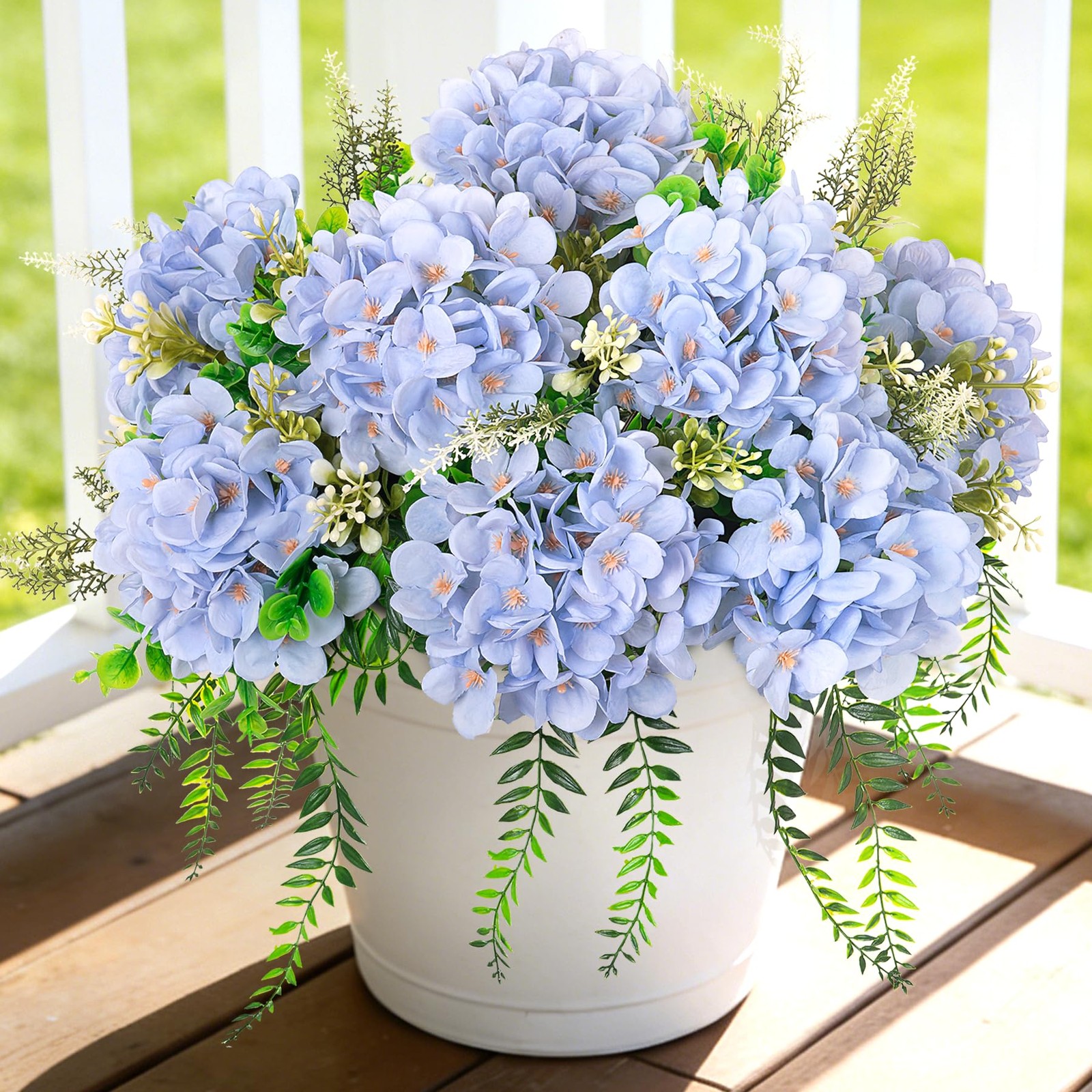 8 Pcs Artificial Hydrangea Flowers Silk Blue Fake Flower with Eucalyptus for …