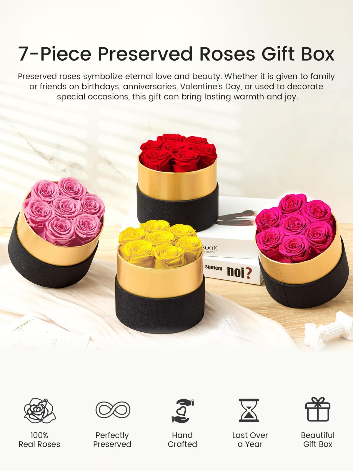Long Lasting Preserved Forever Roses In Black Round Gold Box Red Flower
