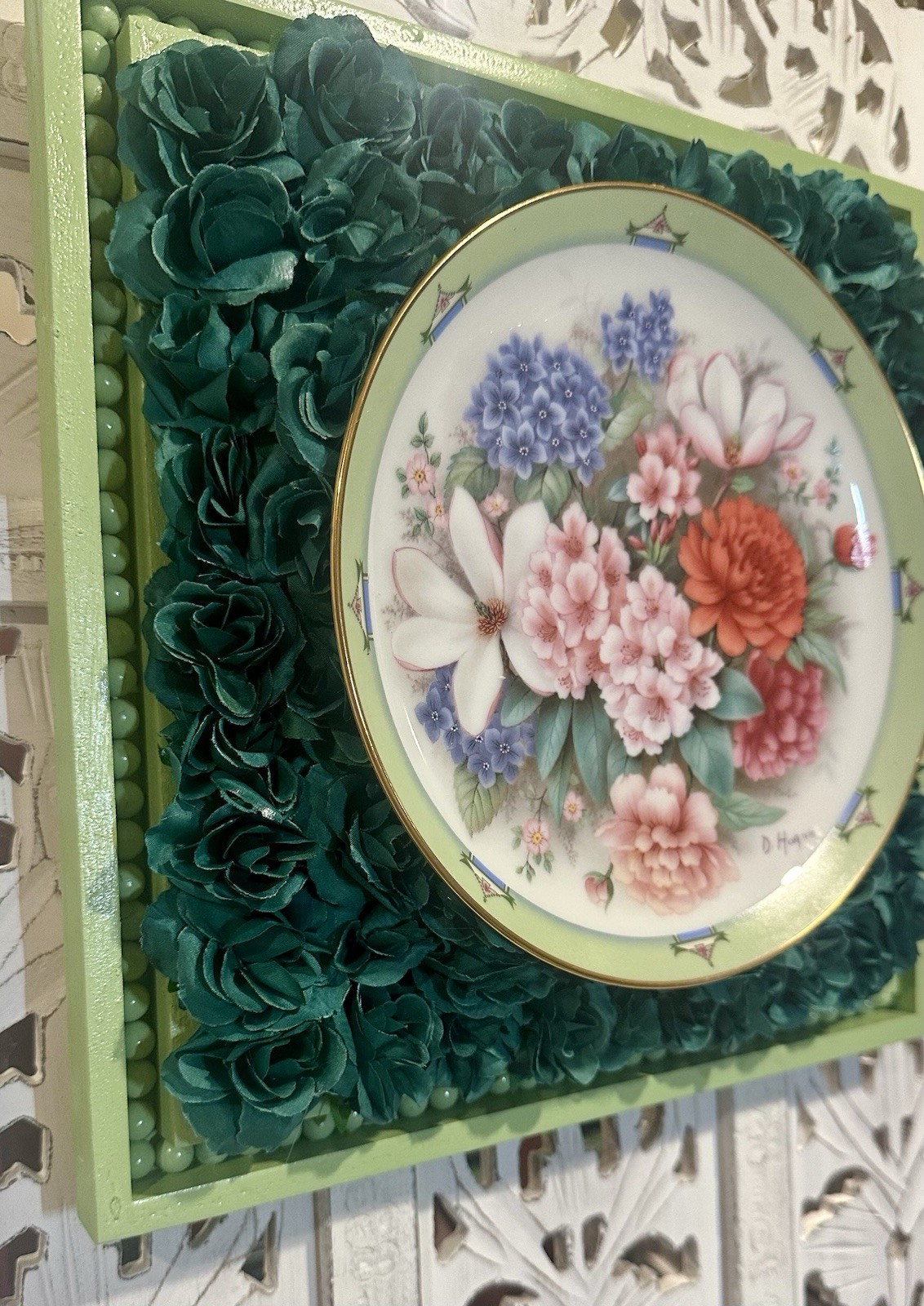 Upcycled Danbury Mint Plate 3D Wall Decor – Floral Roses Beaded Frame (12″)