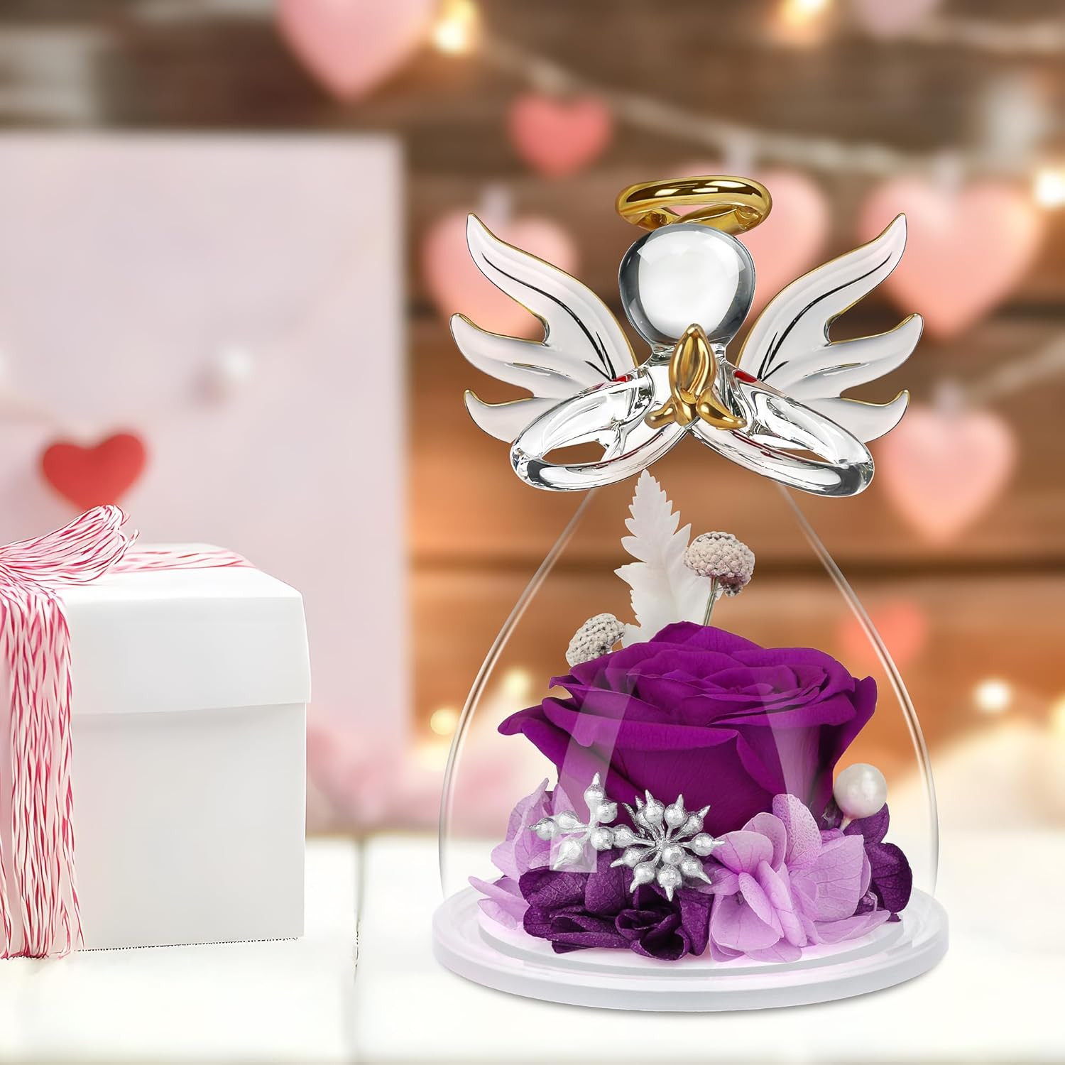 Mothers Day Mom Gifts for Her,Preserved Flowers Rose in Glass Angel Figurines,Bi
