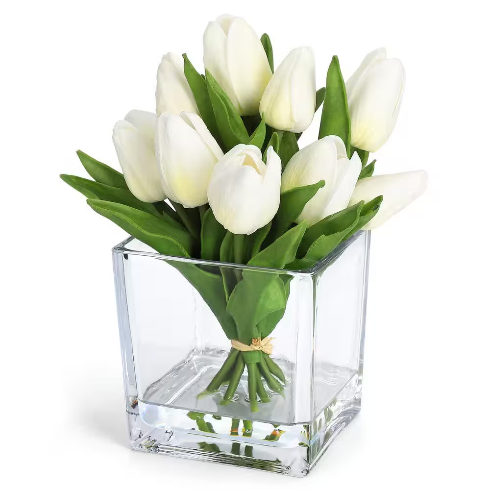7.4 In. Real Touch White Artificial Tulip Arrangement in Clear Glass Vase, Indoo