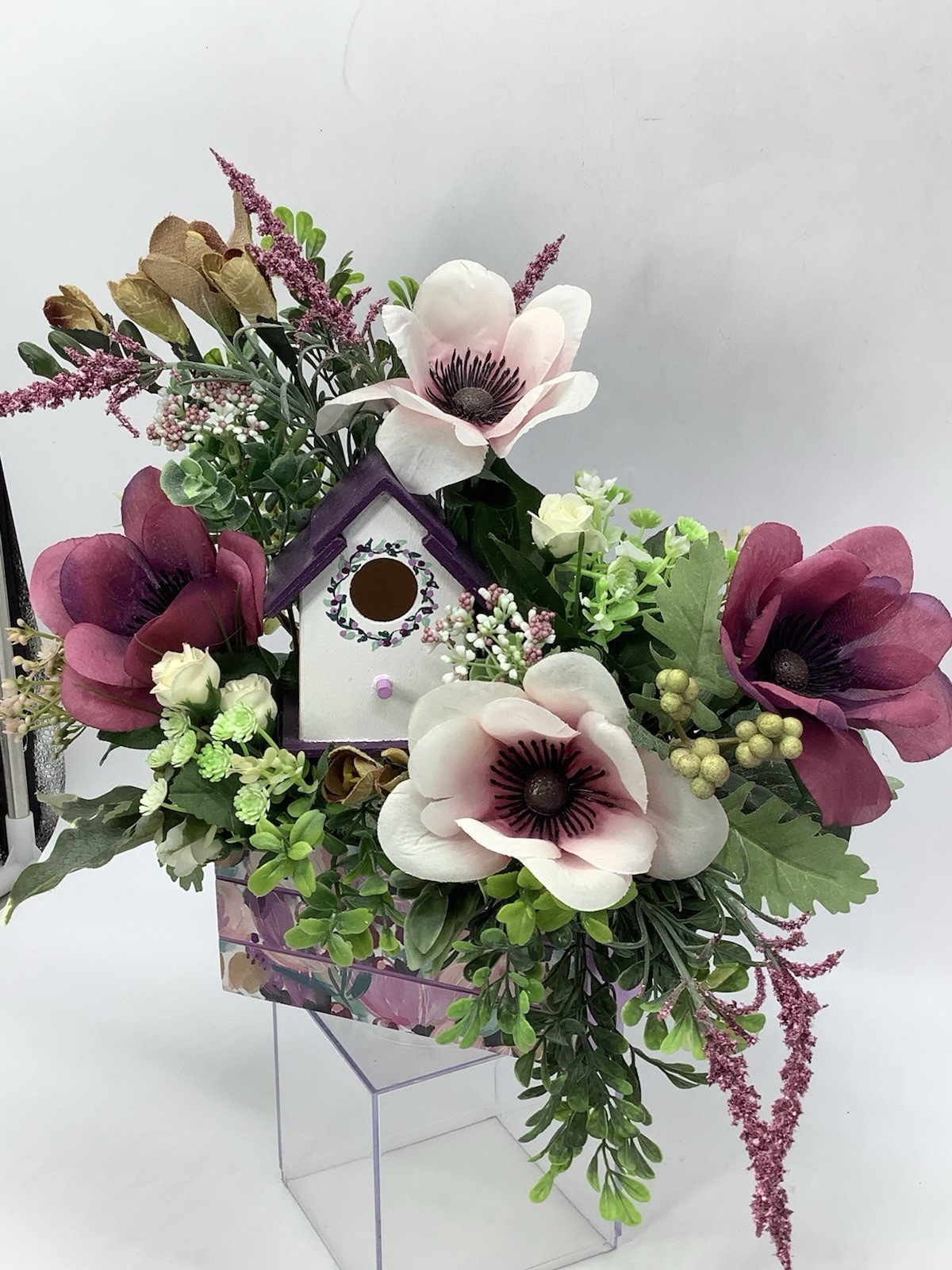 Handmade Purple Floral Arrangement With Hand painted Wood Birdhouse