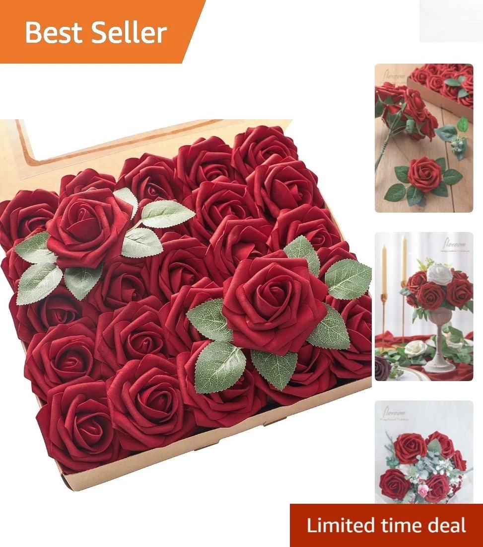 25pcs Dark Red Foam Roses – Realistic Artificial Flowers for Weddings & Events