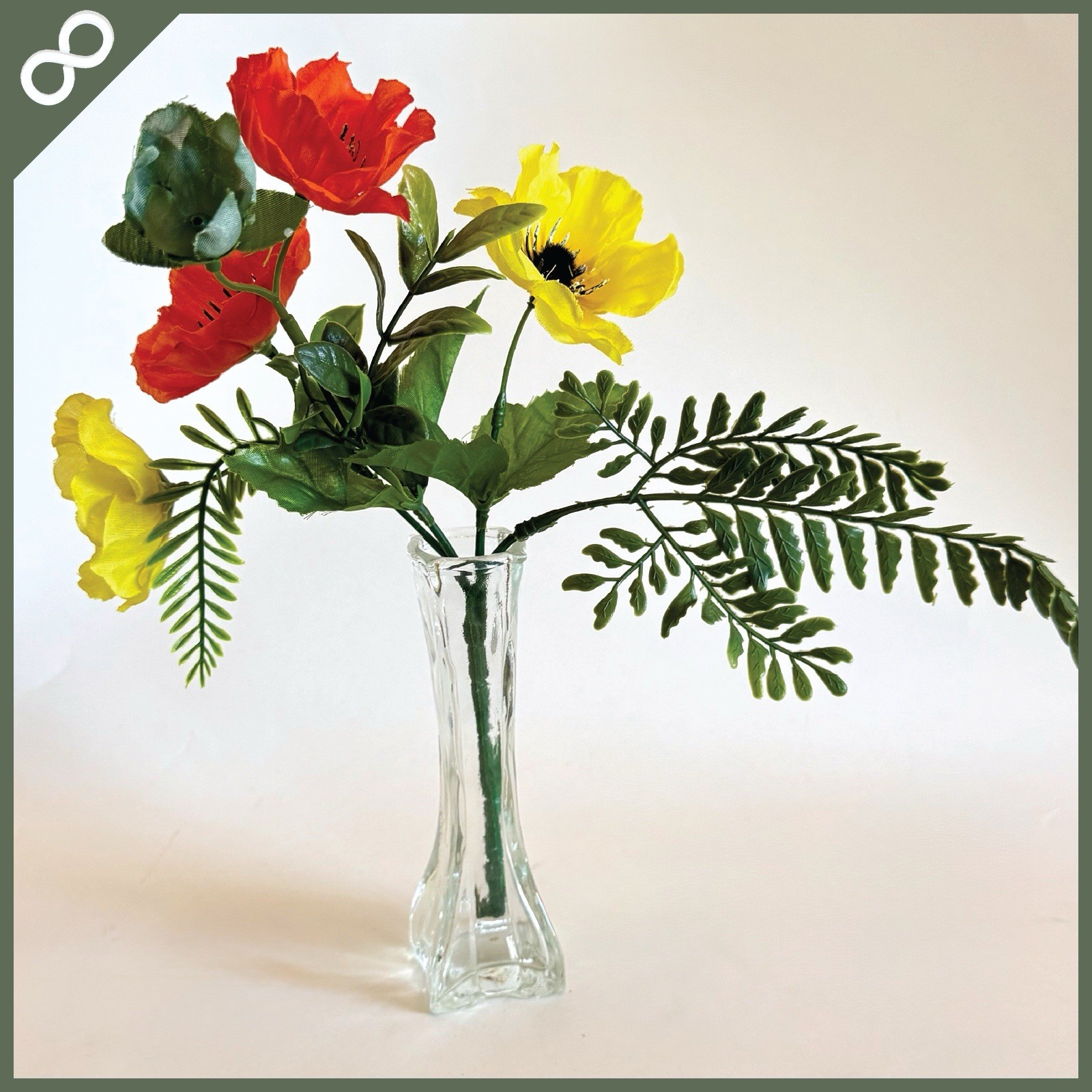 Faux Poppy Arrangement in Glass Bud Vase 10” Tall Red Yellow Floral