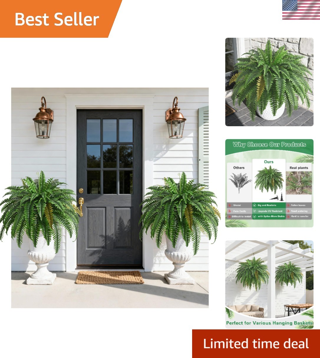 Lifelike 45in Boston Ferns – 2PCS Weatherproof Artificial Plants for Patio Decor
