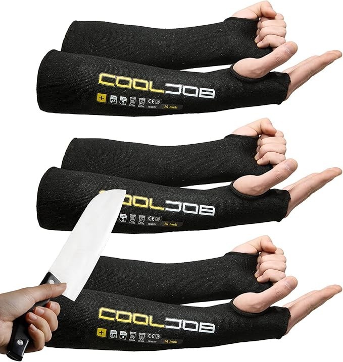 COOLJOB 3 Pairs 14in A4 Cut Resistant Sleeves UV Protection Thumb Hole Blk/yello