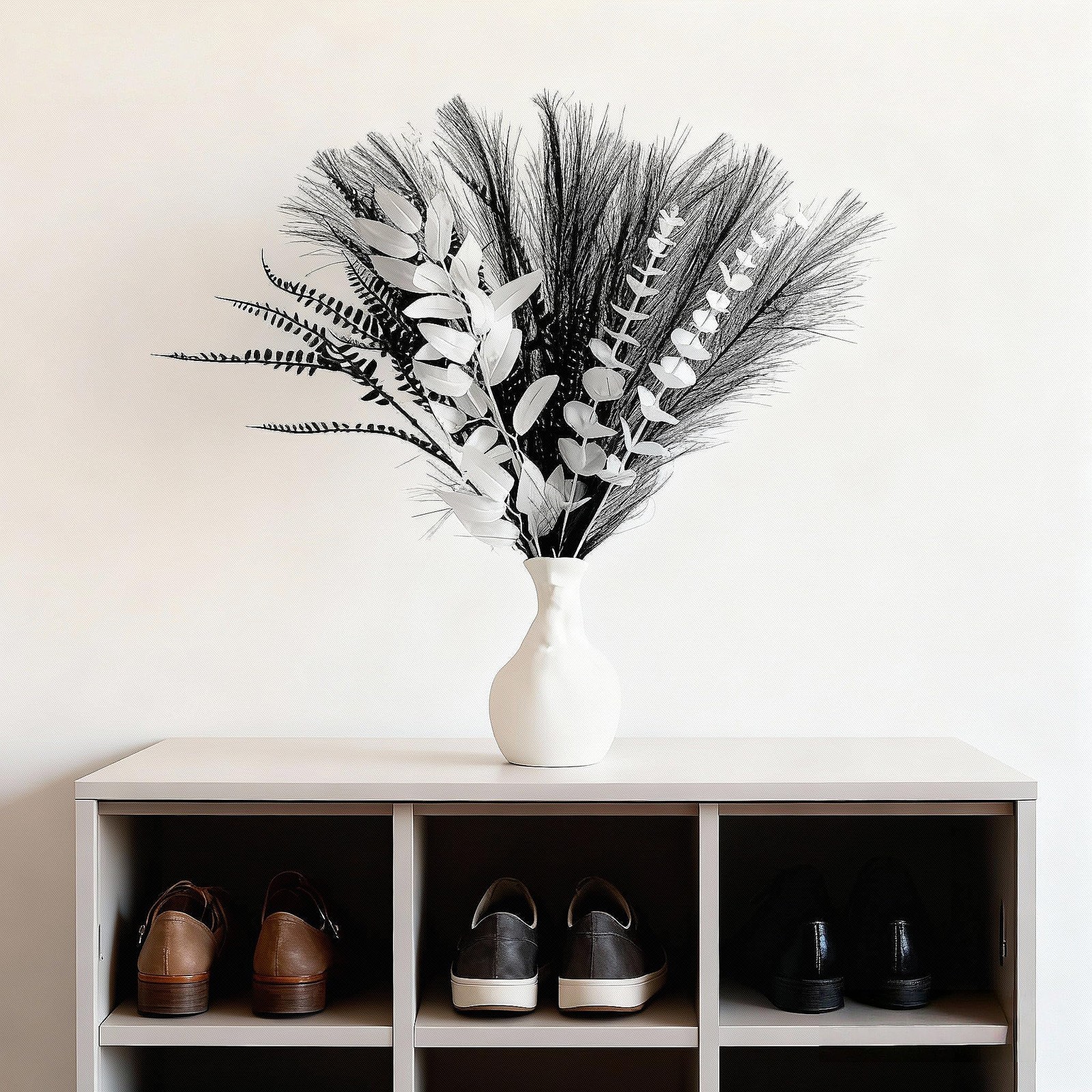 Black and white artificial bouquet in minimalist Nordic style, featuring arti…