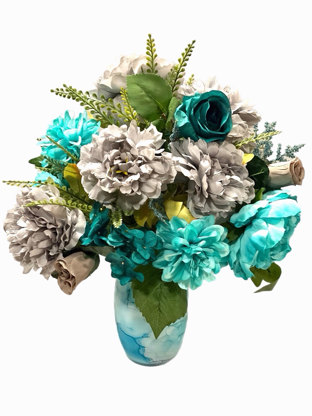 Silk Floral Arrangement Centerpiece Turquoise Blue & Gray Italian Glass Vase 18”