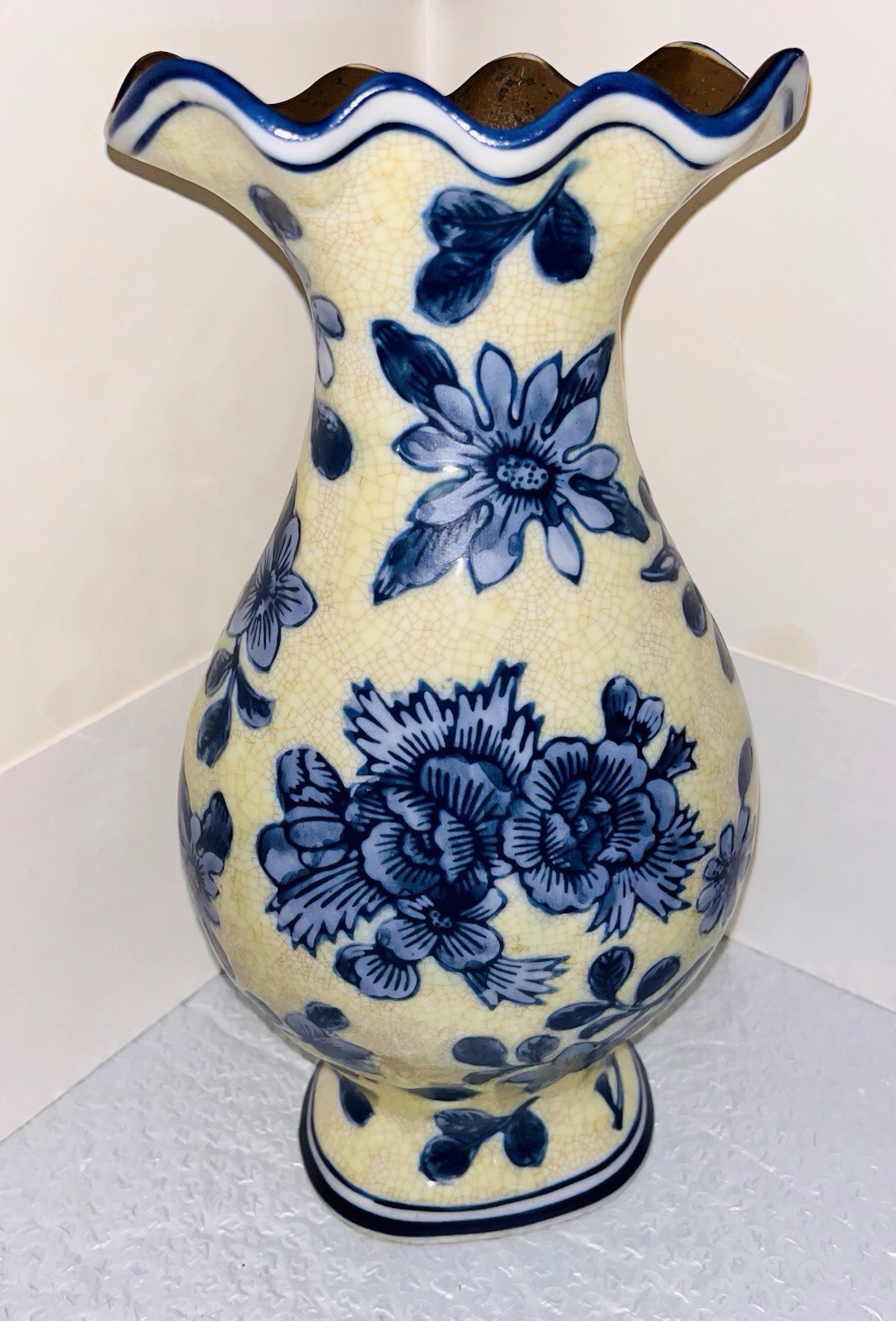Vintage Blue White Floral Vase Ruffled Rim Ceramic Delft Style Cottage Decor 11”