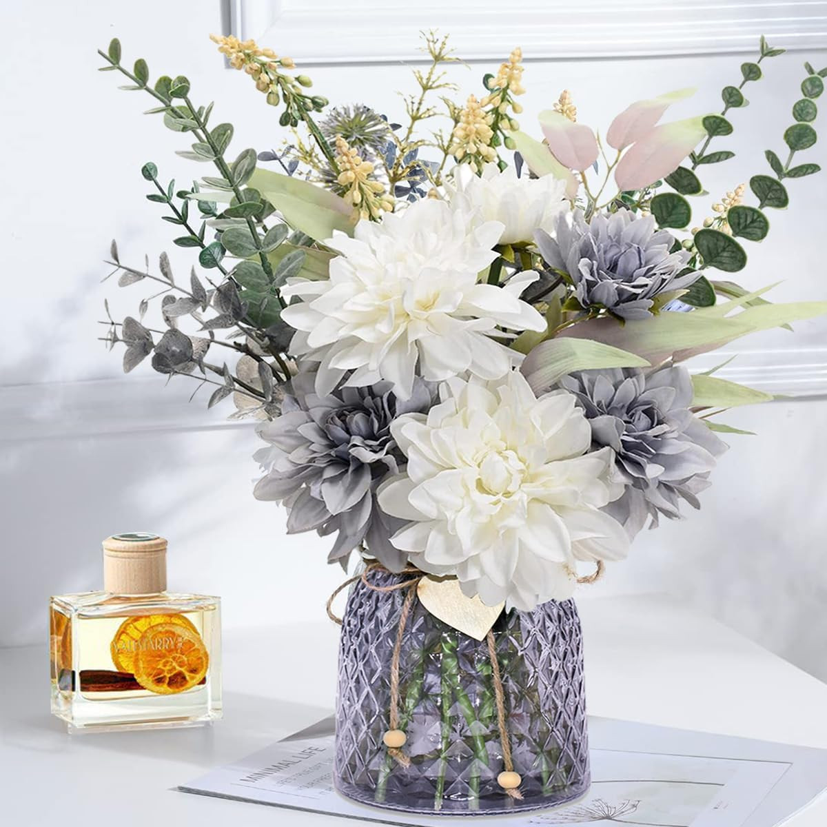 Purple Silk Flower Bouquet with Vase – Realistic Home Decor for Dining Table