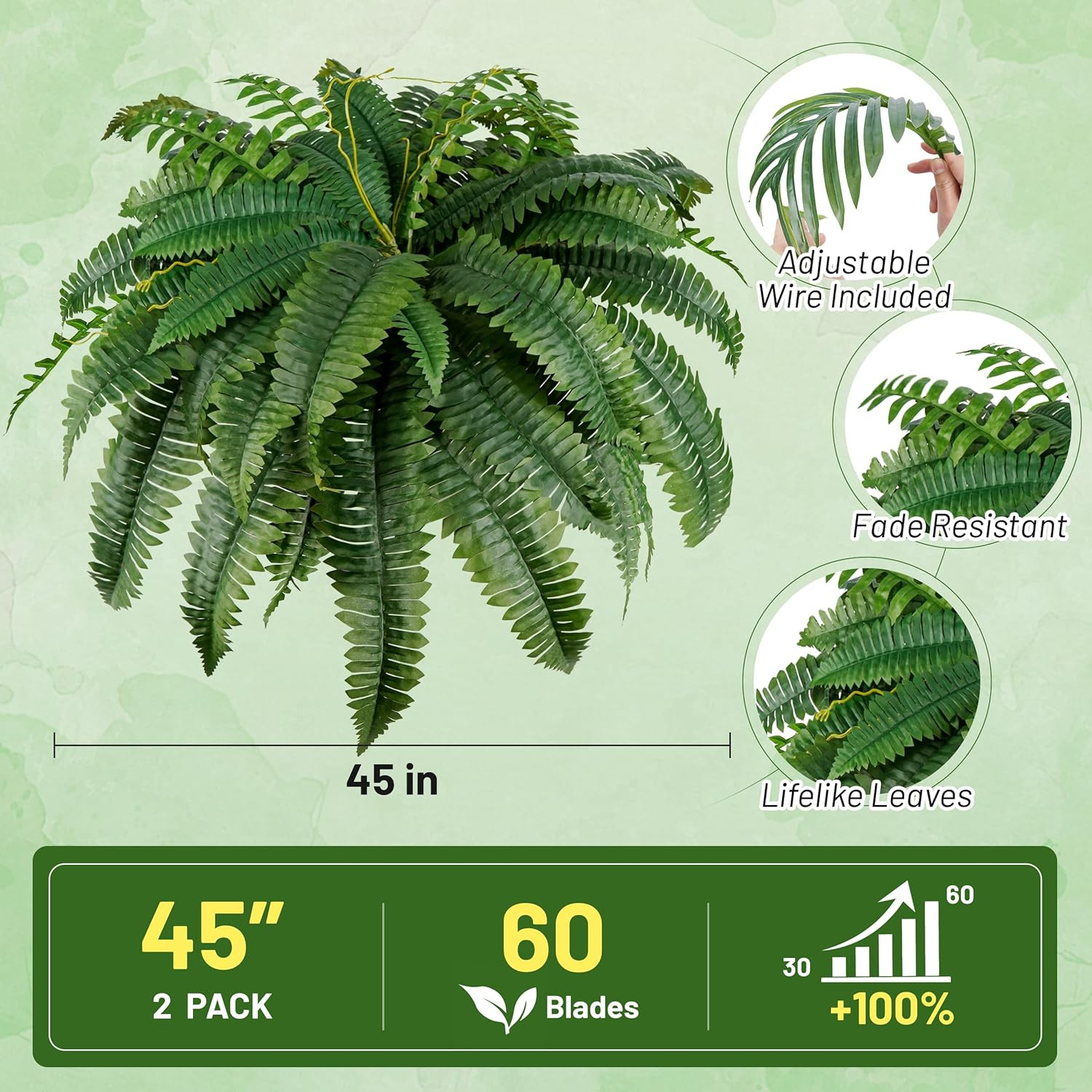 Der Rose 2 Pack 45″/60 Leaves Large Fake Ferns, UV Resistant Outdoor Artificial
