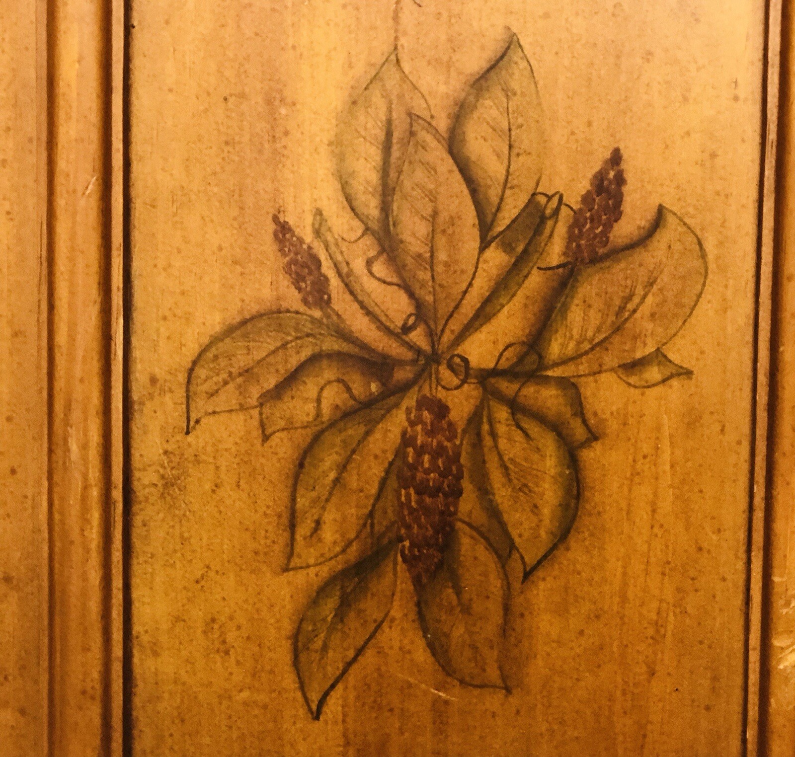 Magnolia Art -Leaves/Pods painted on Pine Door Panel Beautiful on easel or wall