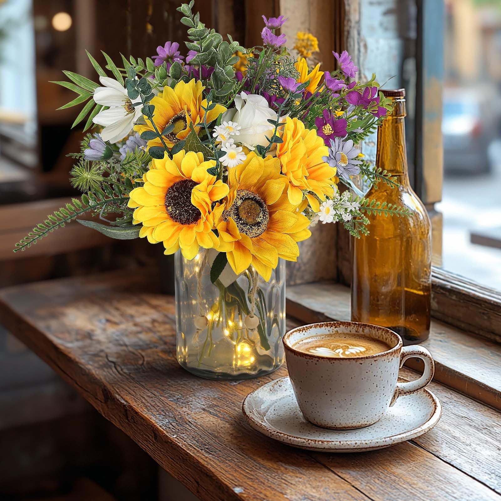 Sunflower Fake Flowers in Vase, Sunflowers Lavender Artificial Flowers with V…