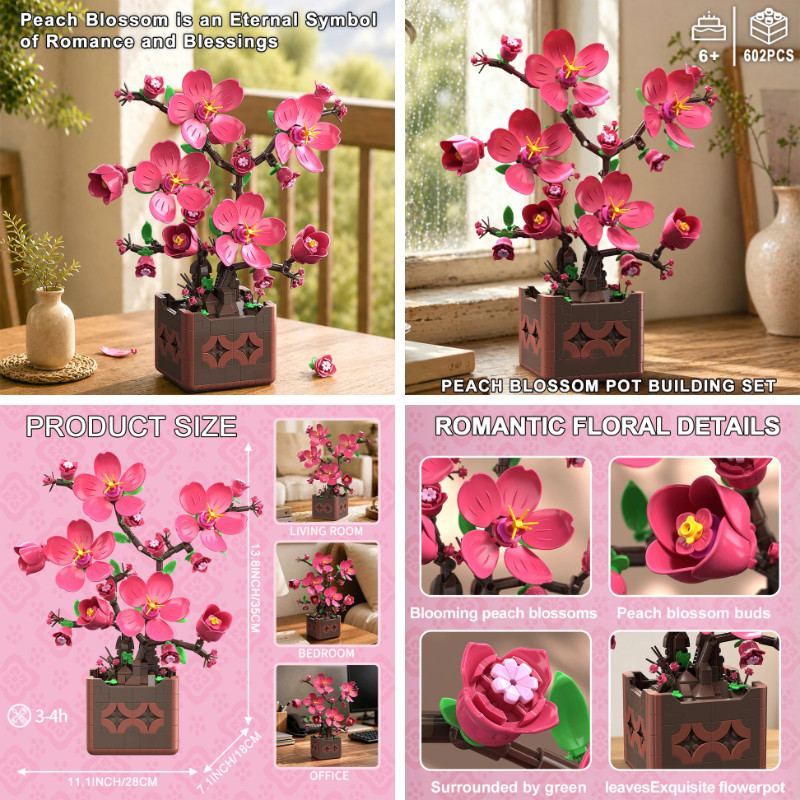 Pink Peach Blossom Potted Plant Building Block Set Diy Flower Model Decoration