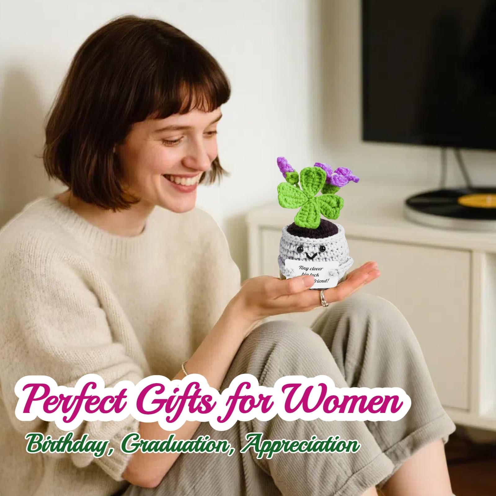 Handmade Crochet Flower & Clover Desk Decor Gifts for Women & Friends