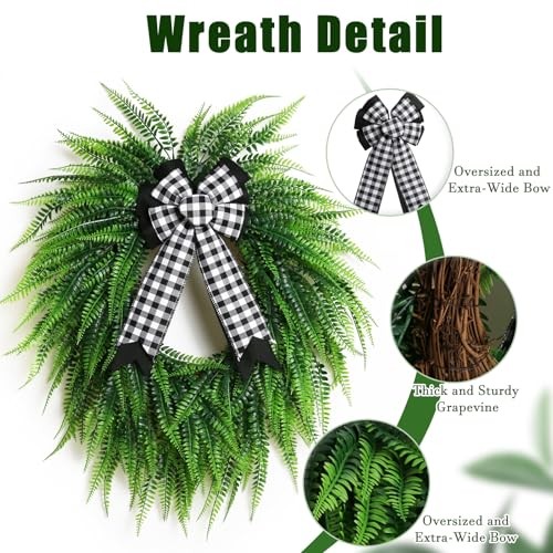 Wreaths for Front Door,22″ Spring Summer Greenery Boston Fern Leaf for Outdoor