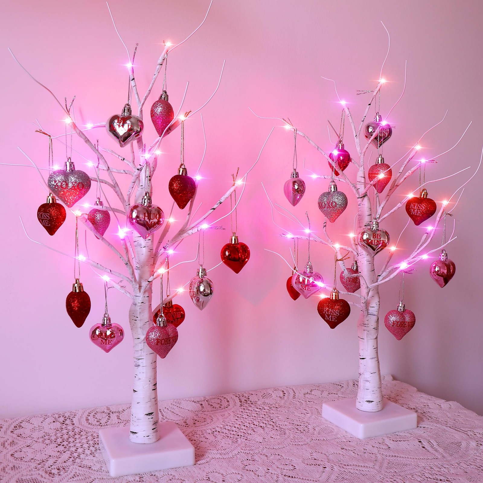 24in Lighted Valentine Birch Tree Tabletop LED USB & Battery Timer Hearts Decor