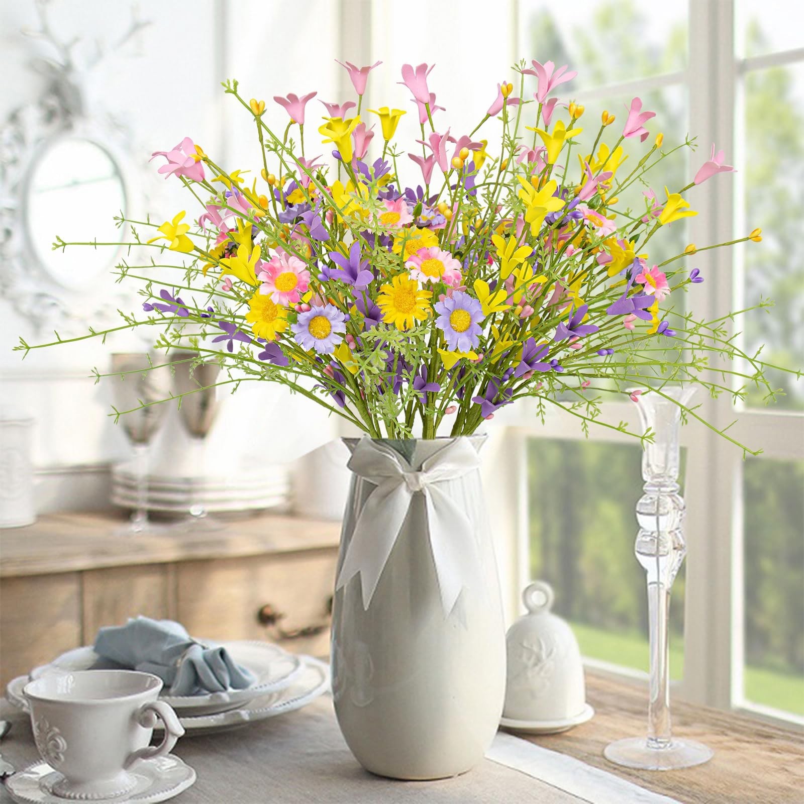 18 Pack Artificial Spring Flowers – 17” Forsythia Stems with Berries for Home De