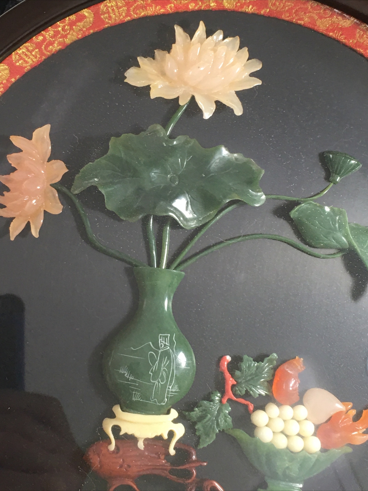 Vintage Beautiful Chinese Carved Green Jade Colored Flowers 12” Round Frame