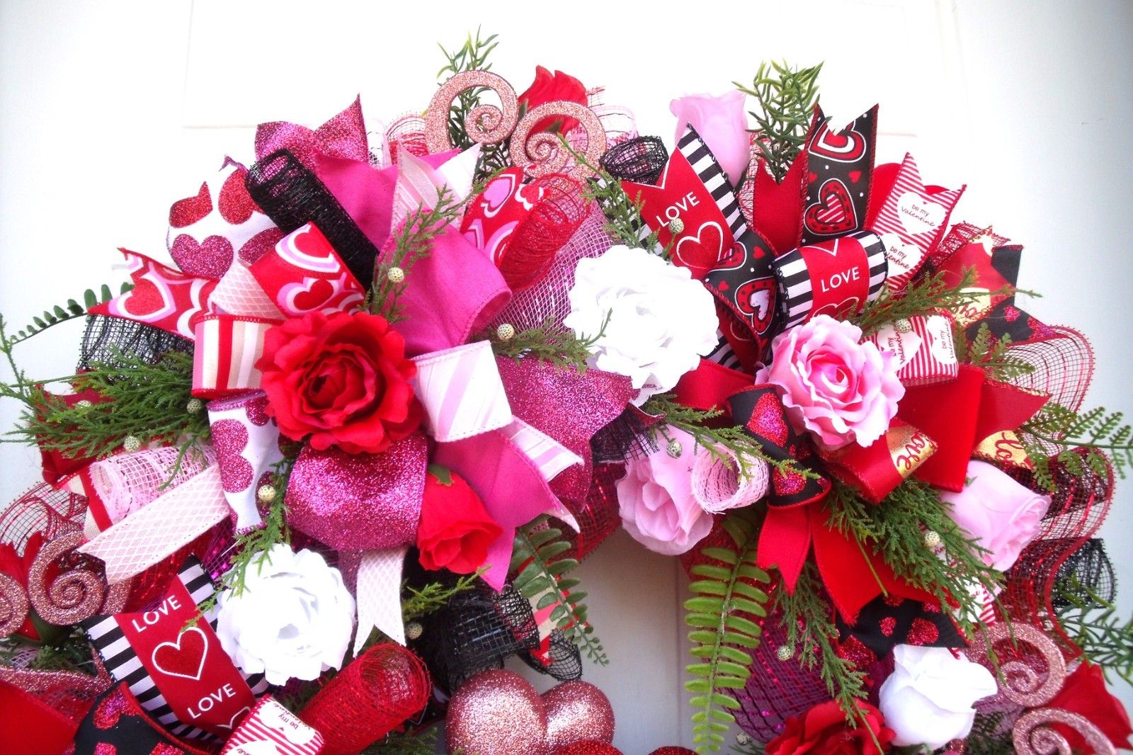 Valentine Ribbons & Roses Wreath-Hearts-Greenery, Reds/Pinks/White-Door or Wall