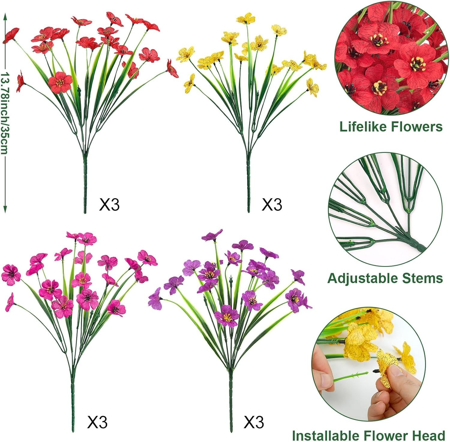 Versatile 12 Bundles of Artificial Flowers for Spring Summer Indoor/Outdoor Use