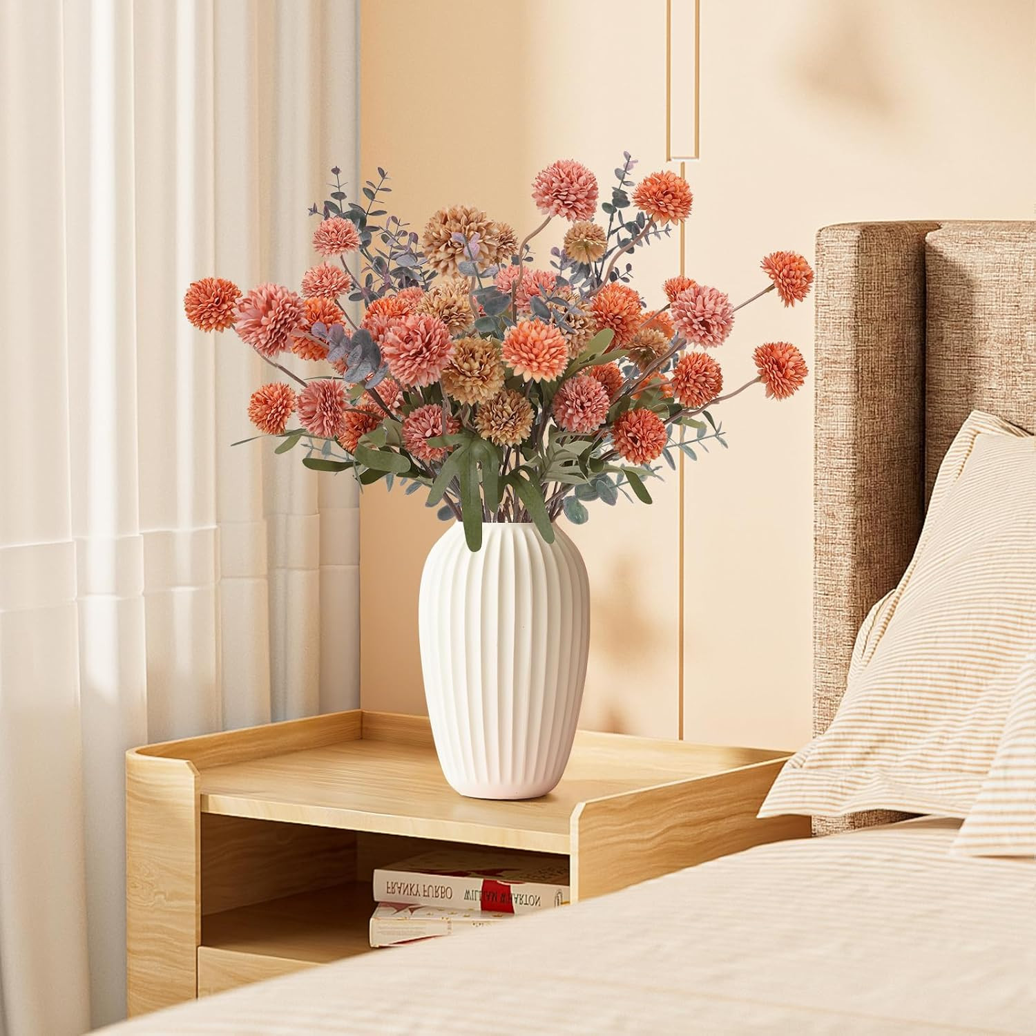Fall Faux Pompon Mum Flowers – 10 Stems, 21” Long Burnt Orange Brown Pink Orange