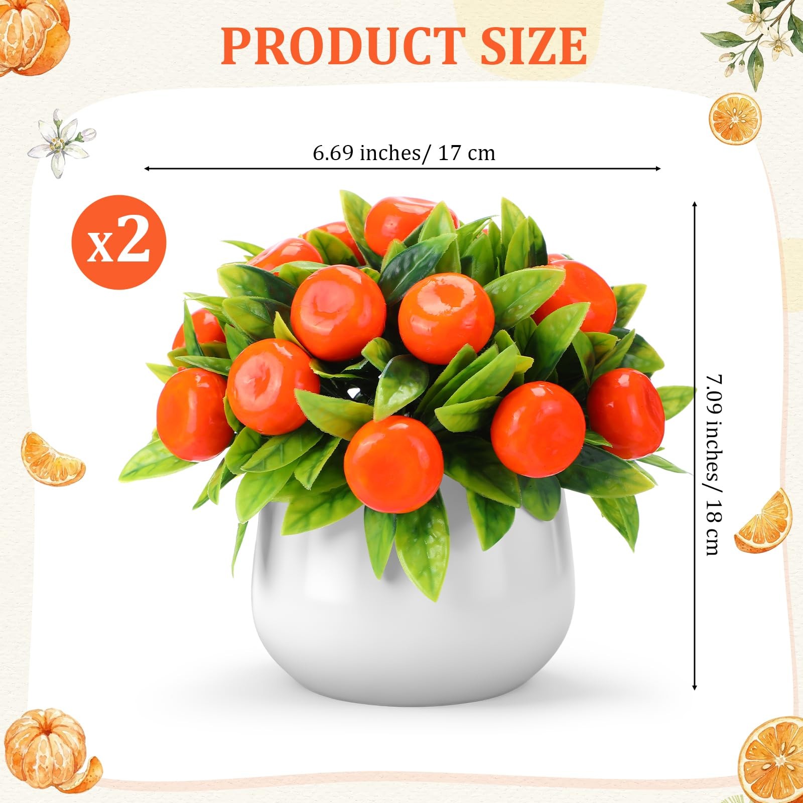 2 PCS Artificial Orange Potted Plants 7.09 Inch Fake Tree Simulation Indoor