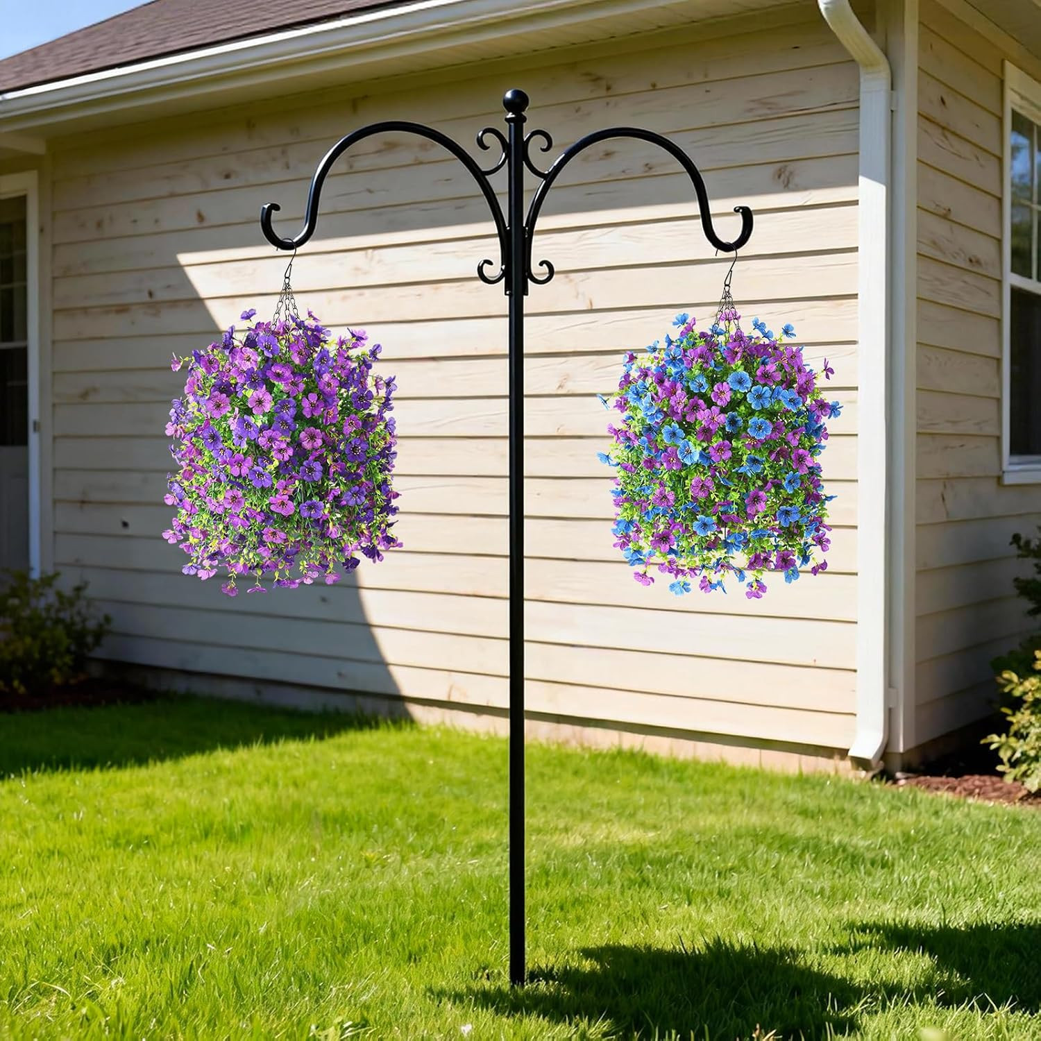 Vibrant Double Purple Artificial Flower Hanging Baskets for Outdoor Decor