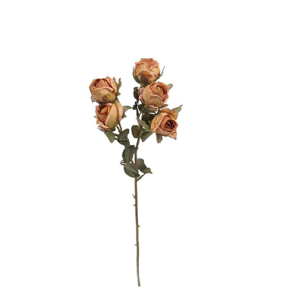 Dry Look Faux Silk Rustic Rose Flower and Leaf Stem 5 Heads 43cm/17in Orange