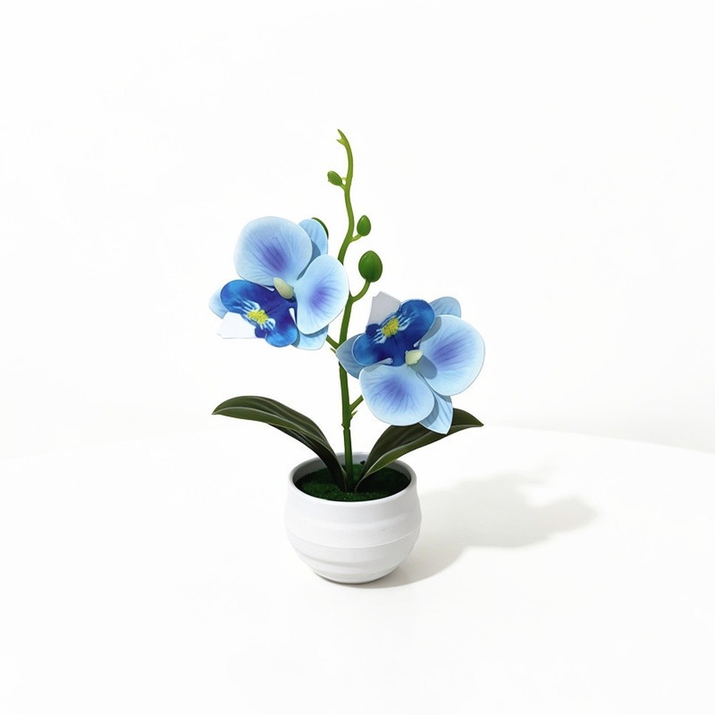 Faux 2-Head Orchid in Striped Pot 6.9 in Tall Realistic Plastic Flower