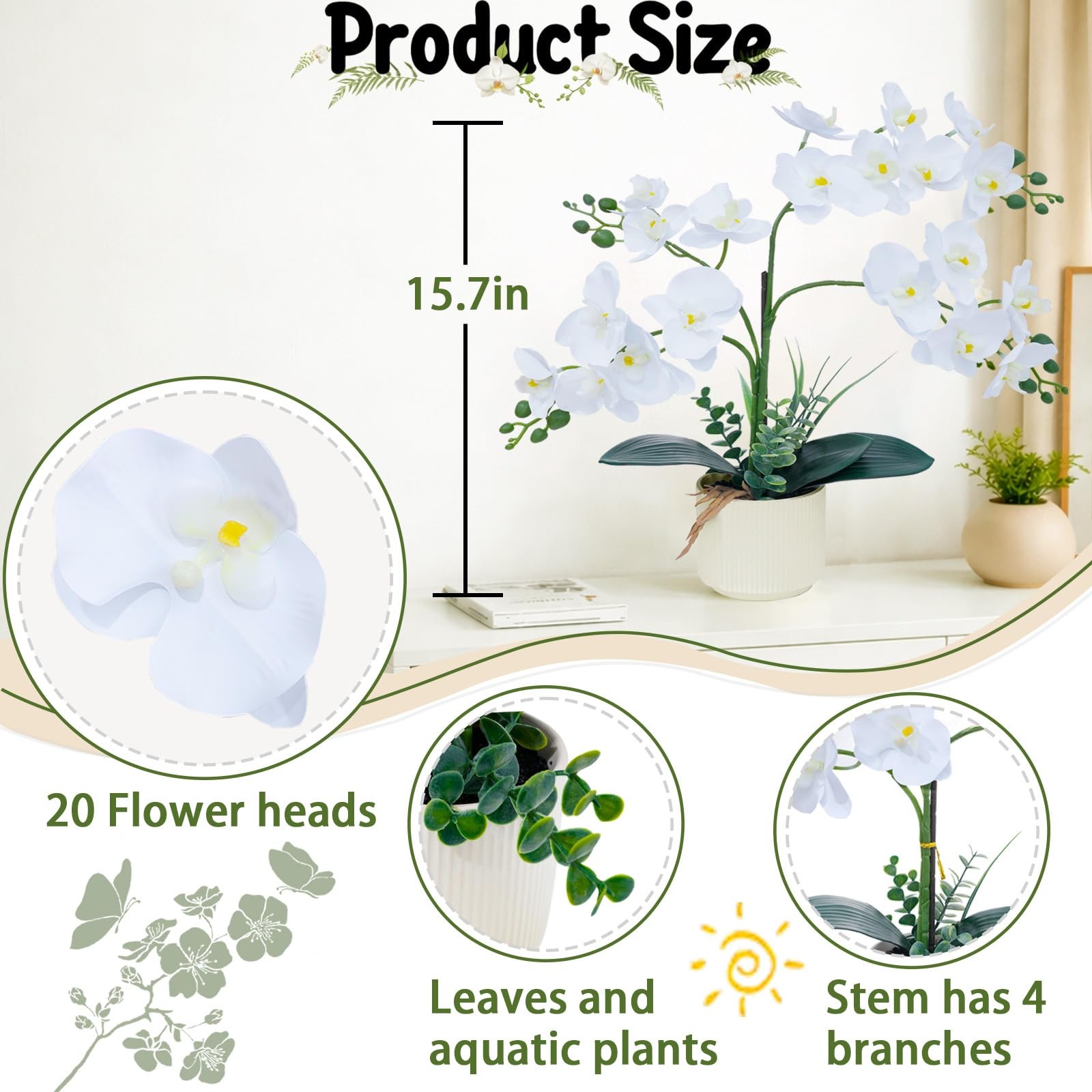 White 15.7″ 3D Lifelike Artificial Orchid Plant with 20 Heads, Realistic Faux…