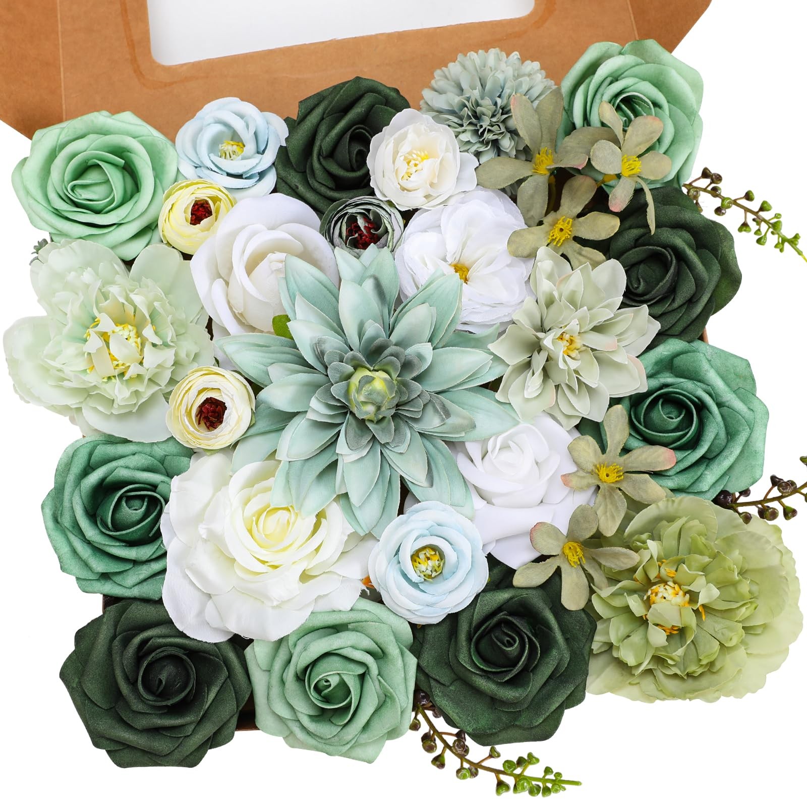 Artificial Flowers Combo Set, Green Silk Roses, Peonies, Dahlias with Stems f…