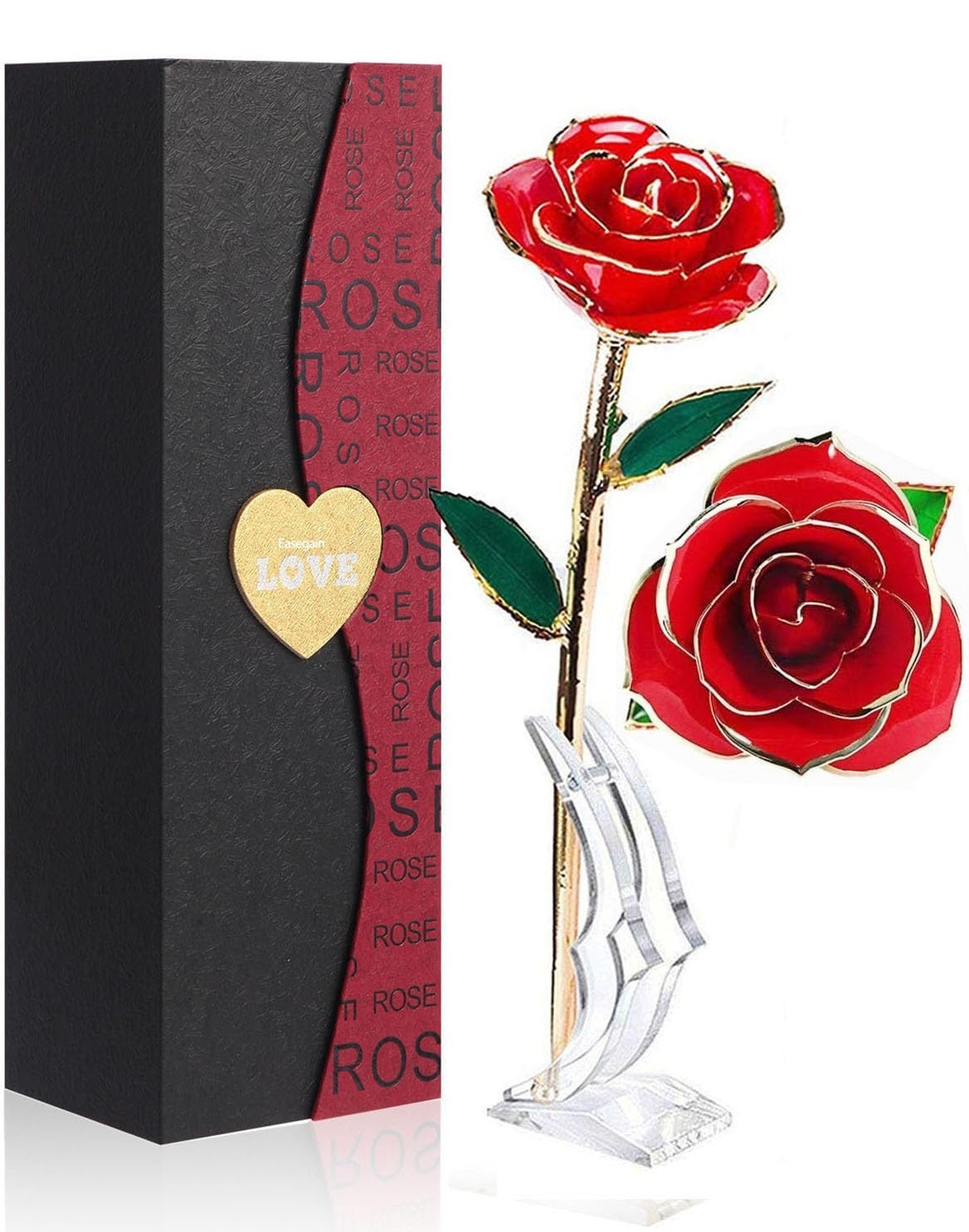24K Gold Dipped Red Rose – Real Long Stem, Exquisite Holder, Romantic Gift for V