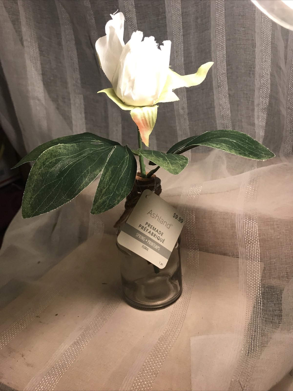 Artificial White Rose Flower Stem In Clear Glass Vase Floral Decor NWT Tabletop