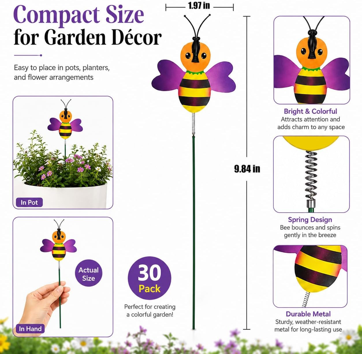 Fake Bee Garden Stake 30PCS – Colorful Flower Pot Decoration, Party Decor, Birth