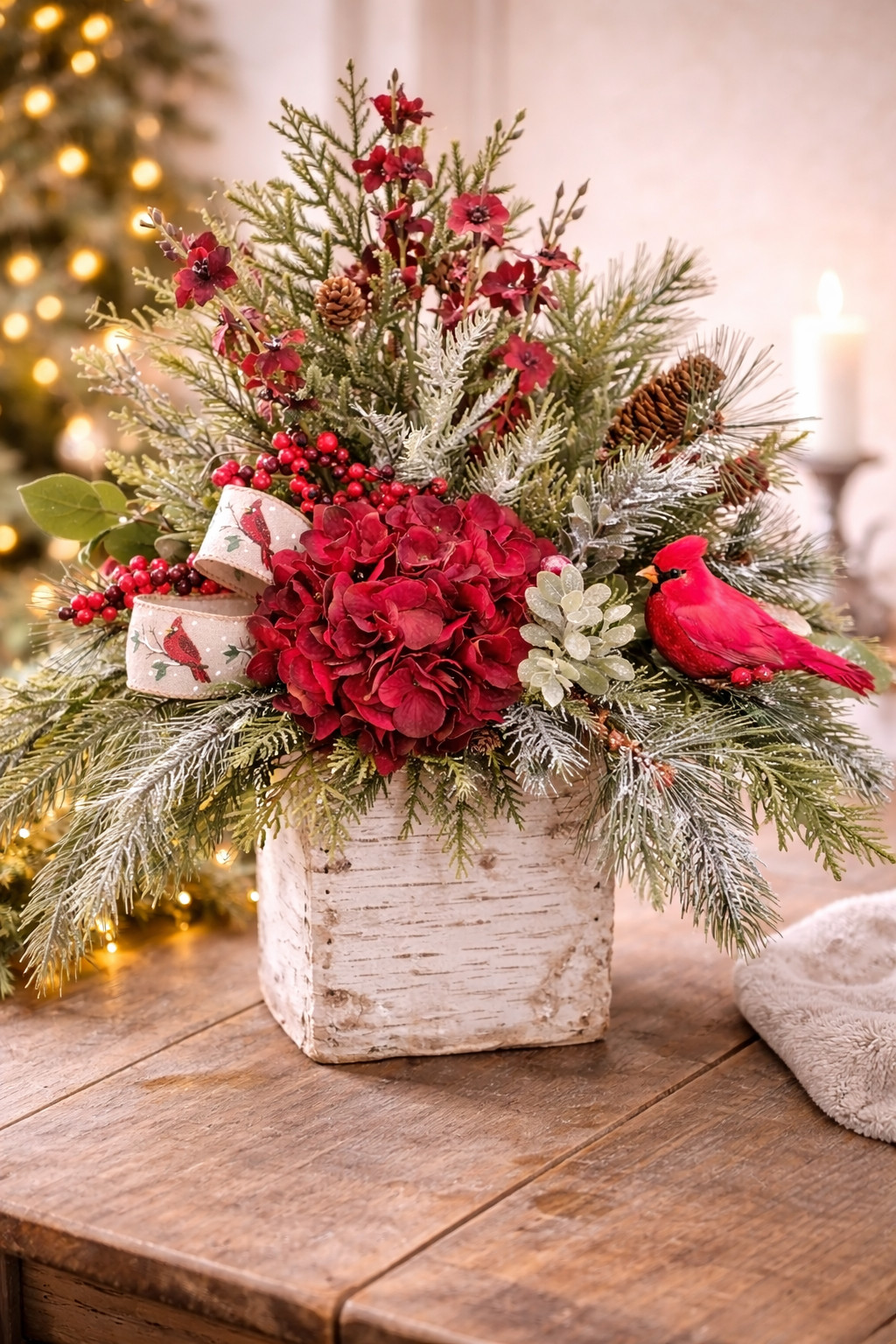 Winter Burgundy Hydrangea Arrangement with Cardinal, Memorial gift