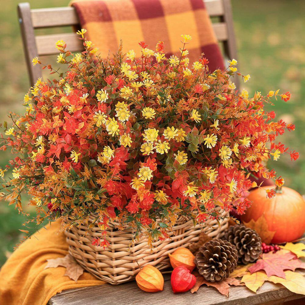 1 In. H Orange Artificial Mums 12-Bundles UV Resistant Fake Flowers for Outdoor