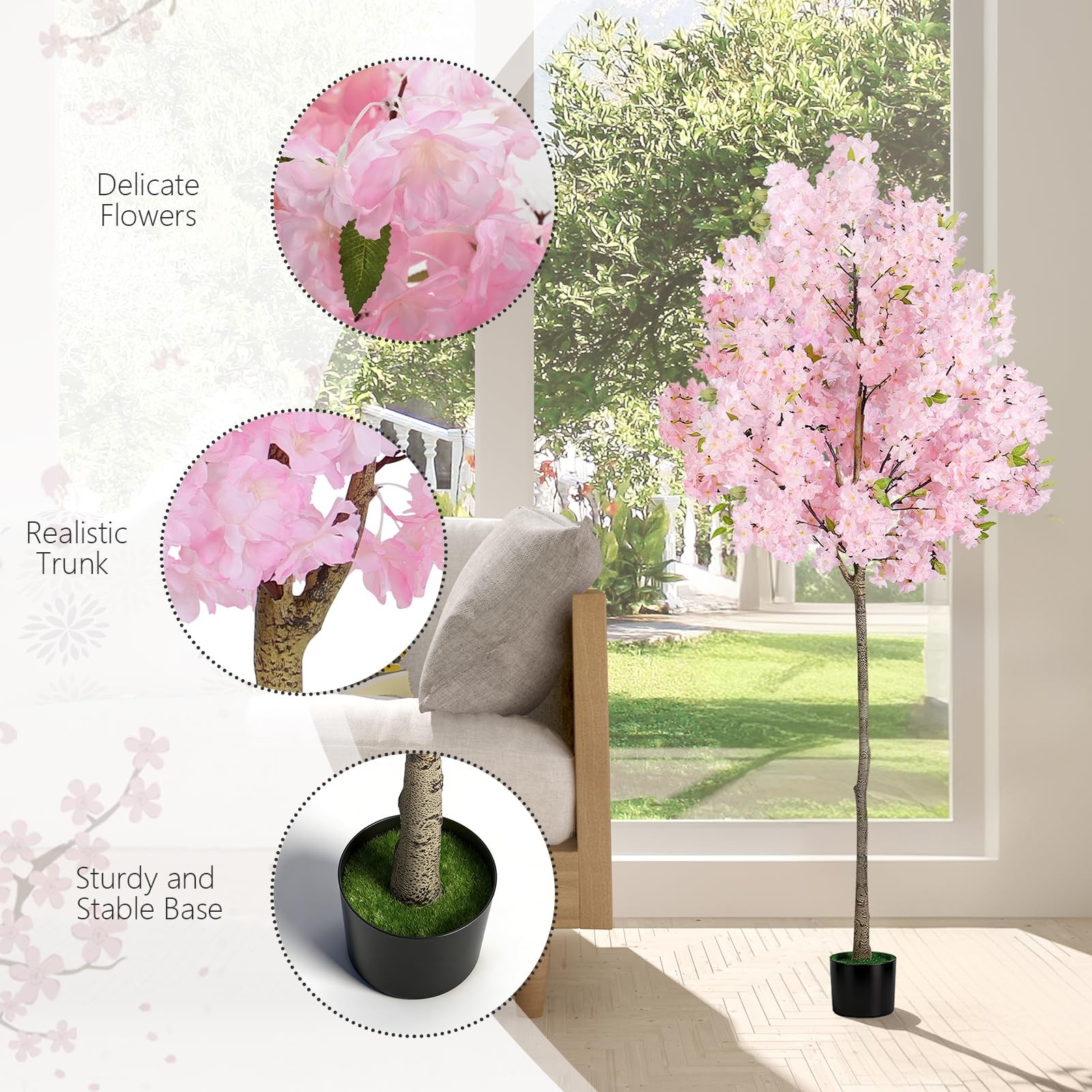 6FT Pink Artificial Cherry Blossom Tree, Realistic Potted Faux Cherry Tree, S…