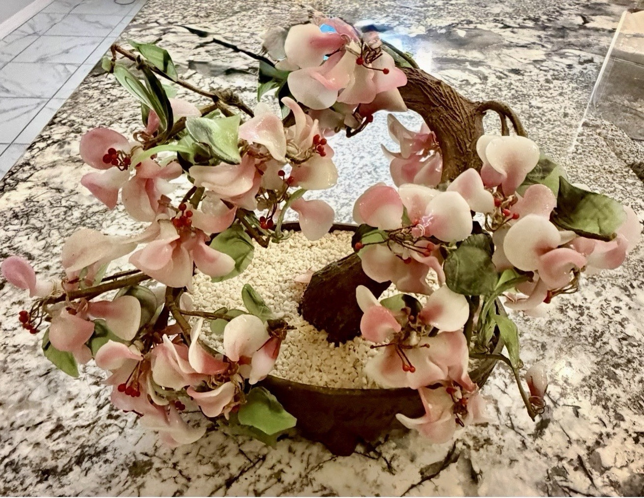 Artificial Pink Orchid Arrangement Centerpiece in Brown Pot w/ White Stones