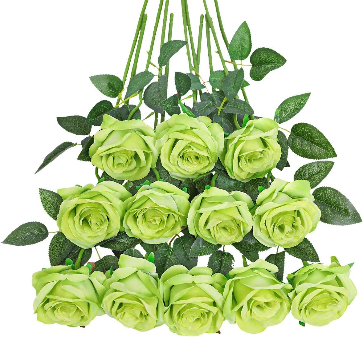 Green Roses Artificial Flowers -12Pcs Realistic Single Long Stem Fake Silk Roses
