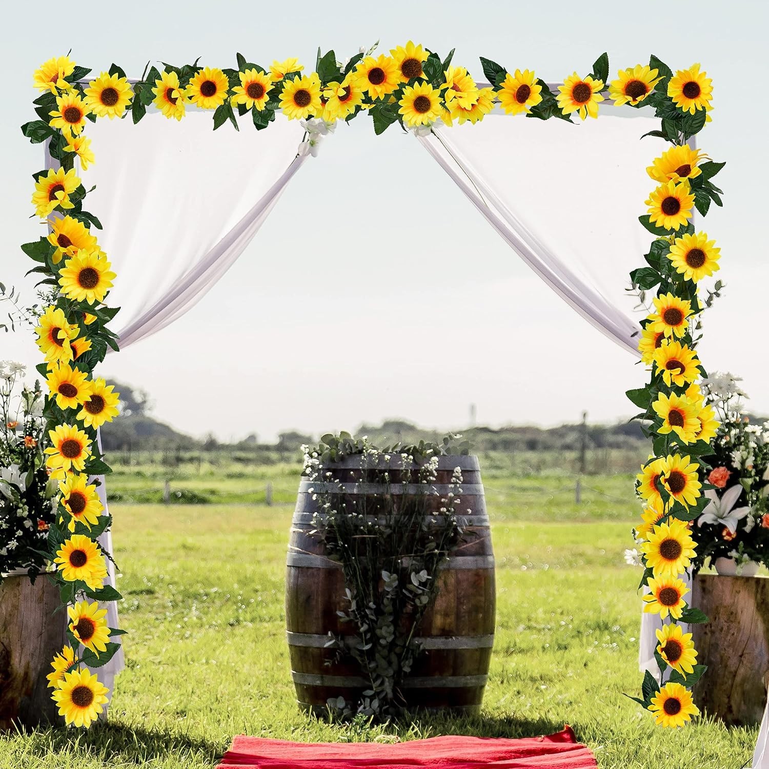 Artificial Sunflower Garland 3 Pack 7.5ft Silk Flowers with Green Leaves