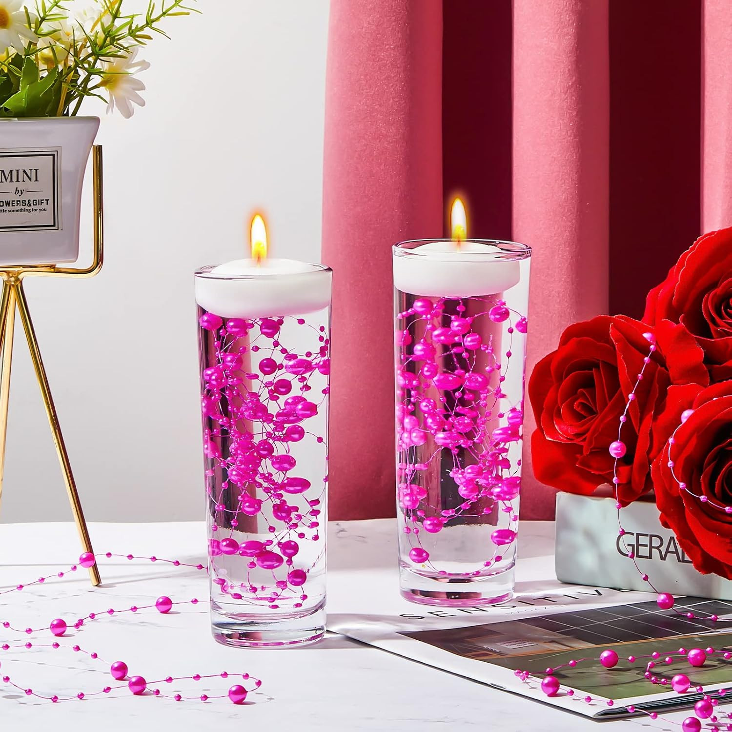 24 Pcs Artificial Pearl String for Floating Candle,Rose Red | Faux Pearls Beads