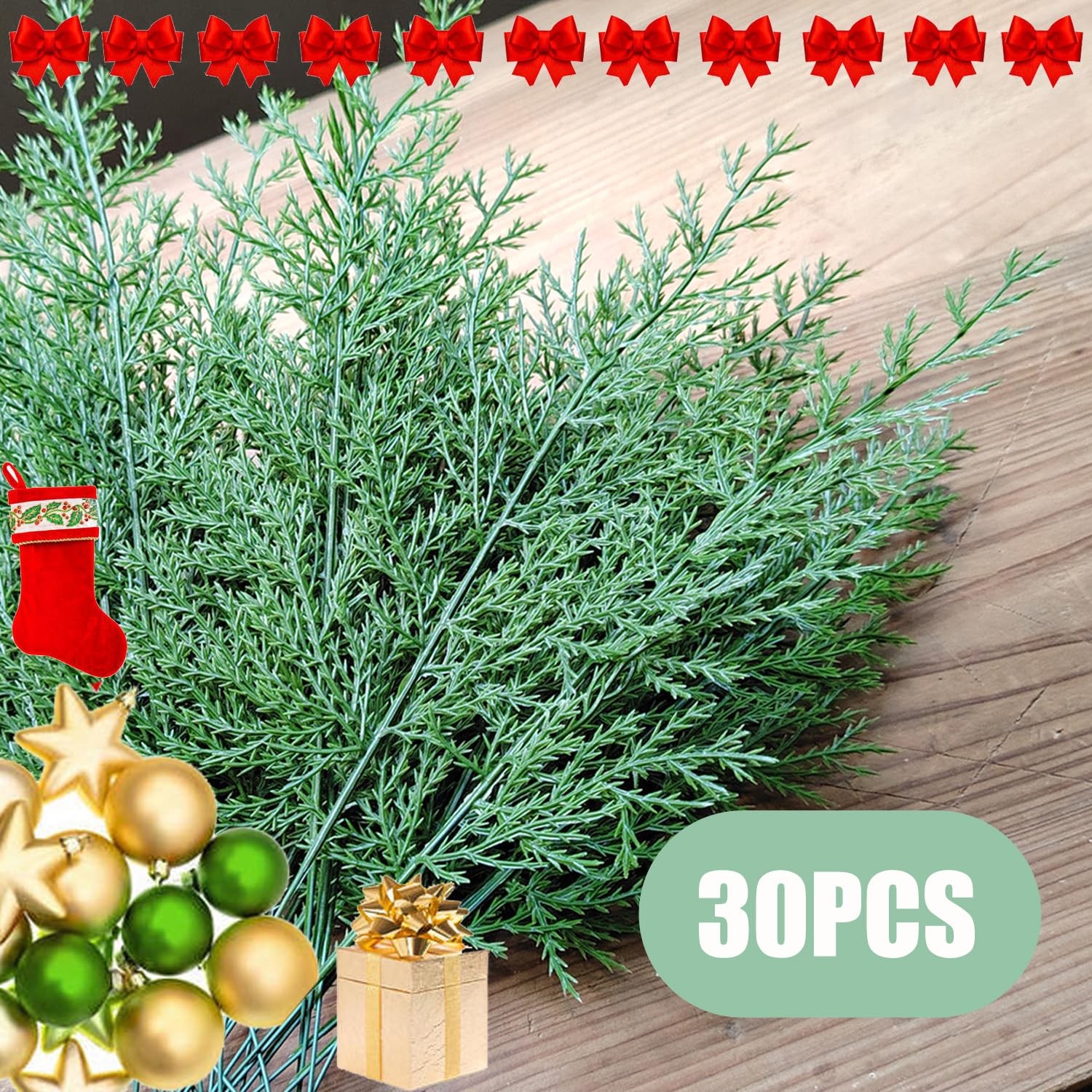 Artificial Pine Branches,30 Pcs Christmas Faux Cedar Stems, Artificial Faux C…