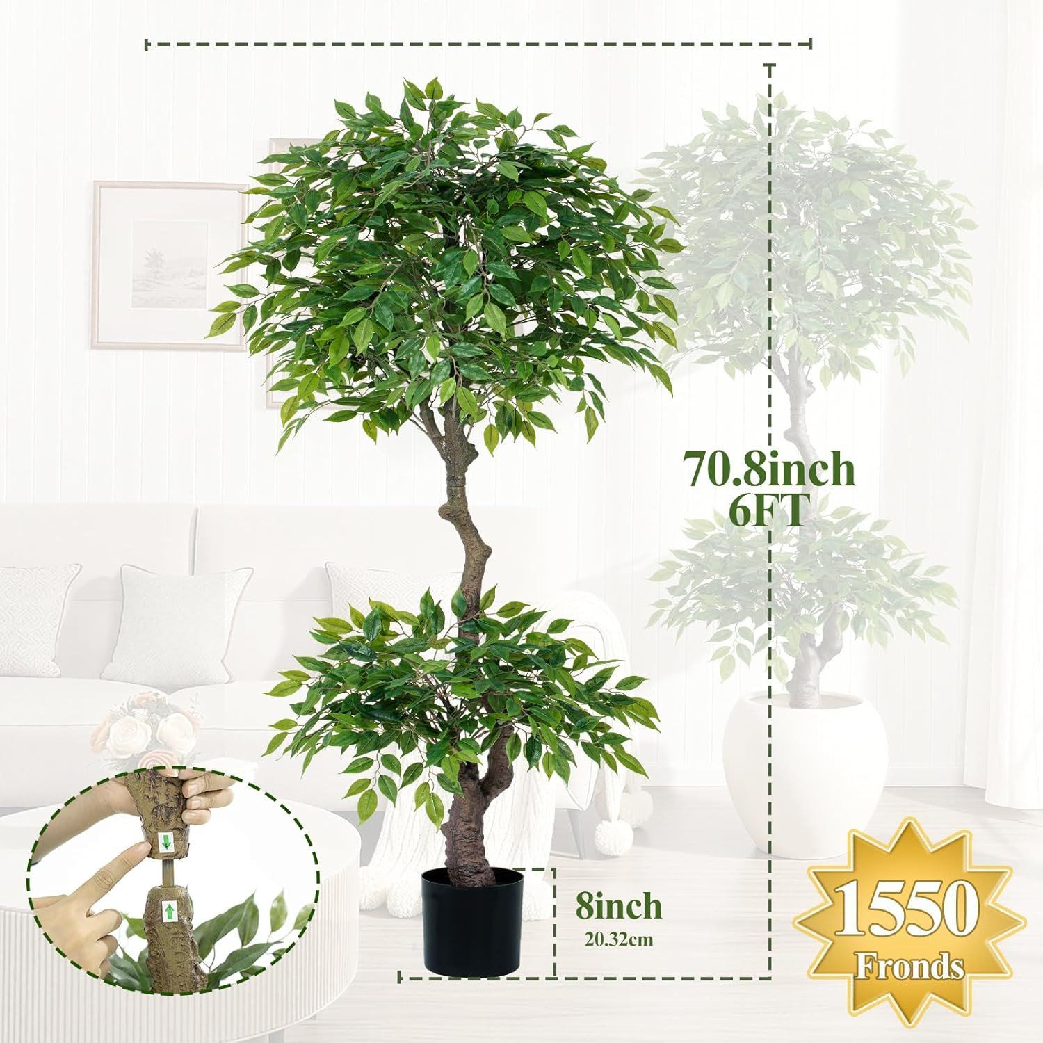 6Ft Ficus Artificial Tree with Lush Canopy for Home, Office & Patio Decor