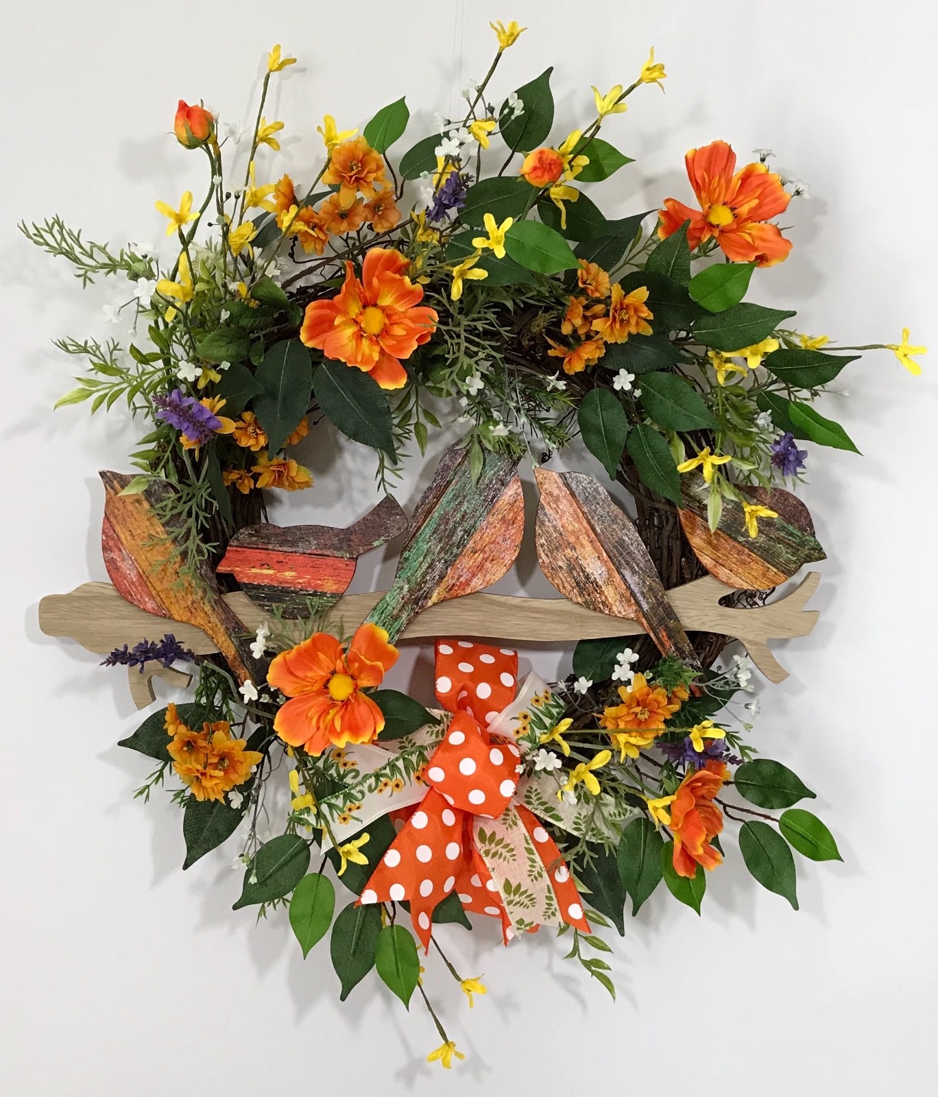 SPRING WILDFLOWERS GRAPEVINE WREATH BIRDS ON LIMB SUMMER ORANGE YELLOW FLORAL