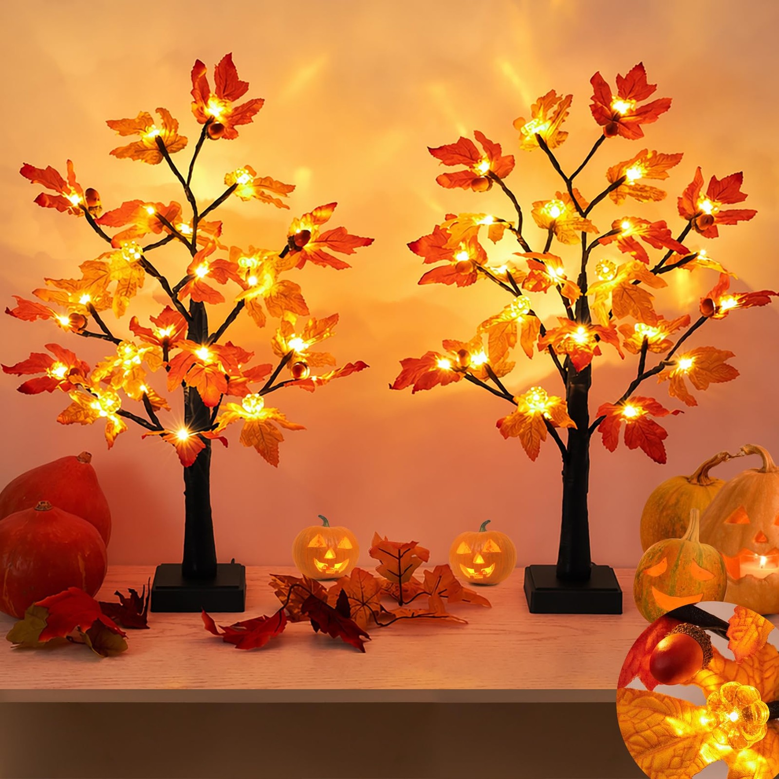 Fall Decor 2 Pack 24 Inch Maple Tree Lights – 48 LED Autumn Decorations with …