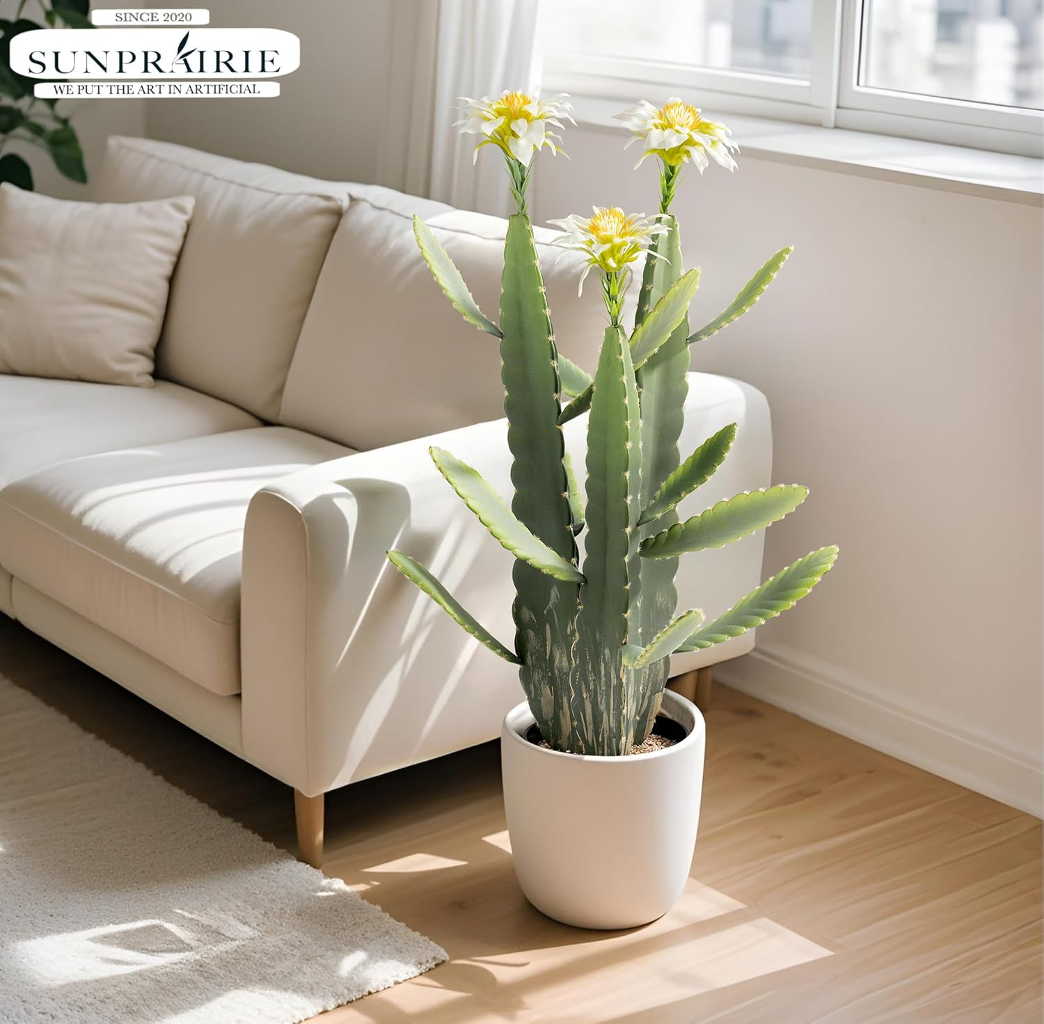33 Inch Large Artificial Cactus with Lilly White Flowers in Pot with Natural Gra