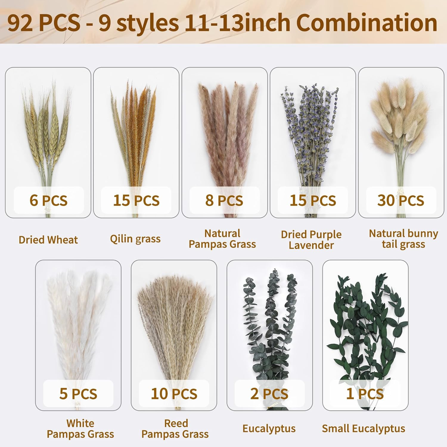 Dried Pampas Grass Bouquet – 92 Pcs 11-13 Inch Pampas Grass Decor with Bunny Tai
