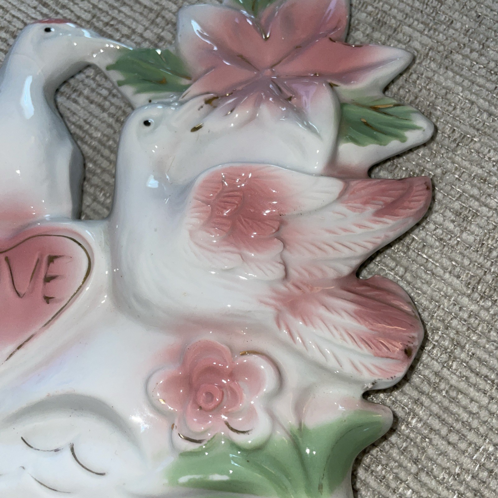 Love Decor Doves Heart Flowers White Pink And Green Gold Trim 7 Inches Tall